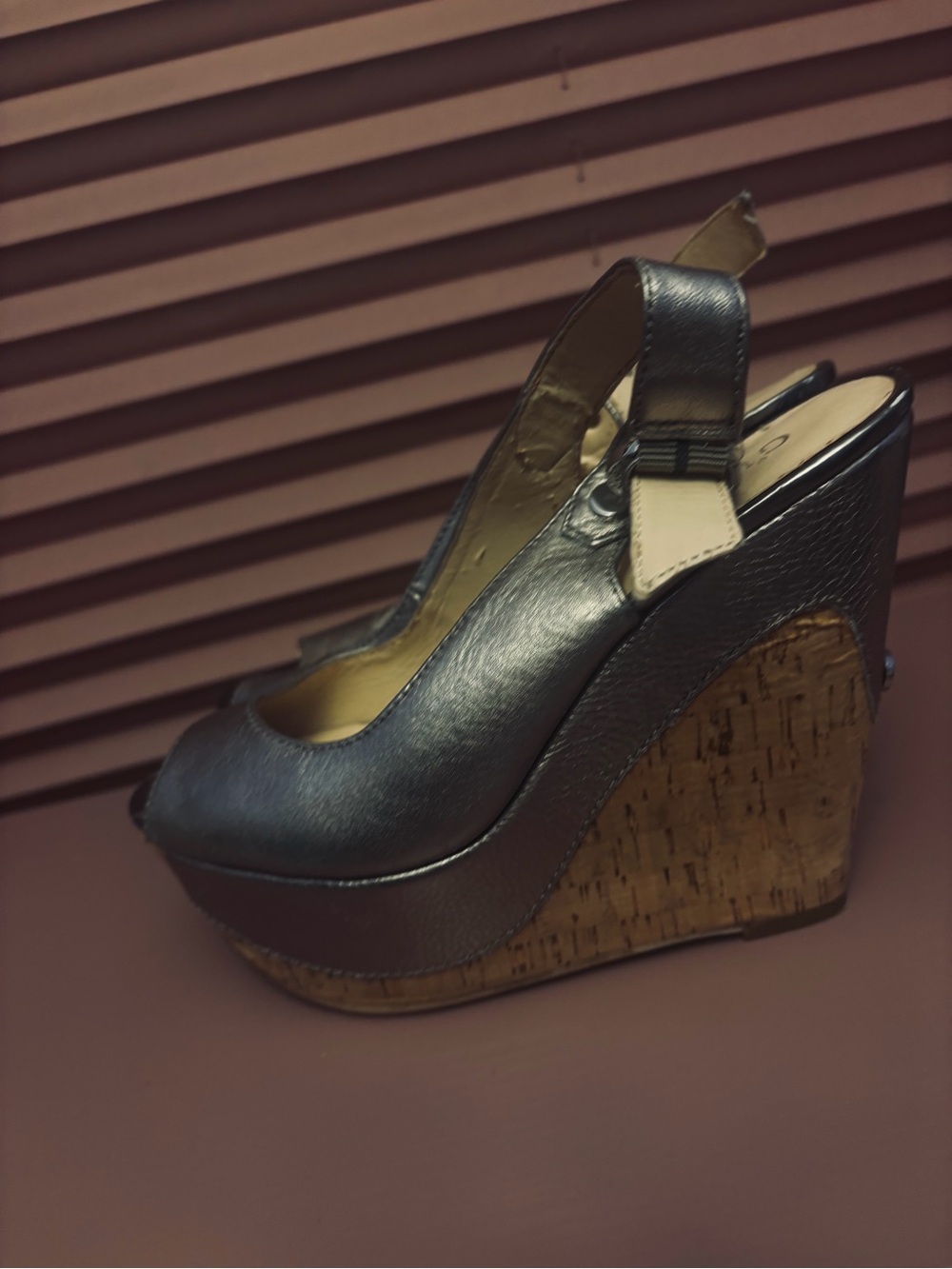 Guess Metallic Pewter Peep-Toe Slingback Wedges